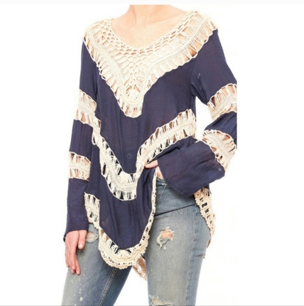 Umgee Navy Cream Crochet Gypsy Boho Coachella Chic Tunic Blouse Long Sleeve M